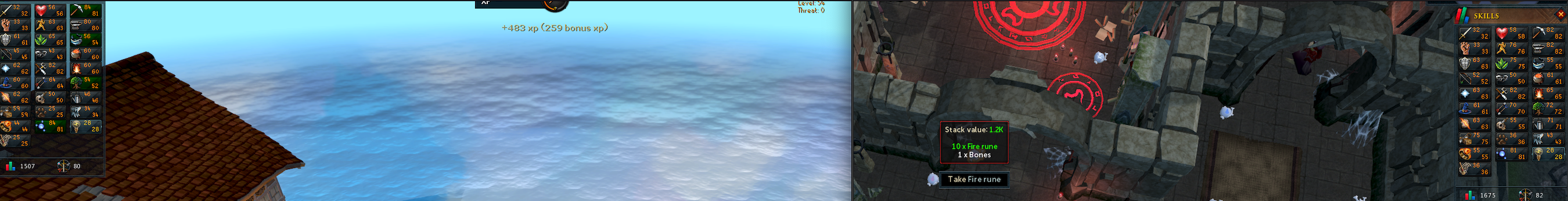 Two screenshots spliced together, showing my skilling progress over Double XP in RuneScape 3